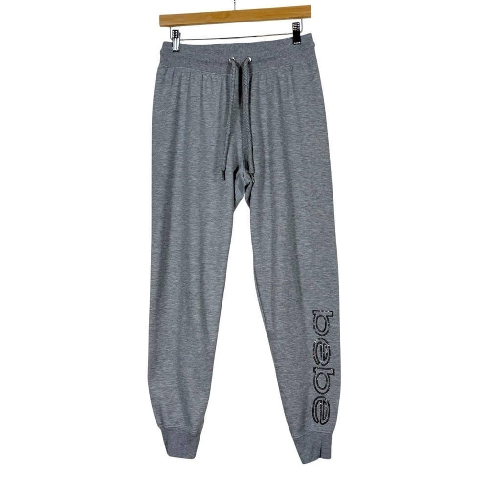 Bebe Sport Gray Jogger Sweatpants Medium Rhinestone Logo Drawstring Tie